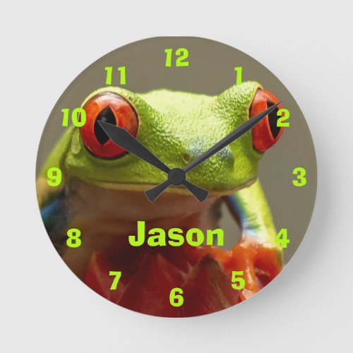 Fun Frog with Red Eyes Personalized Name Round Clock
