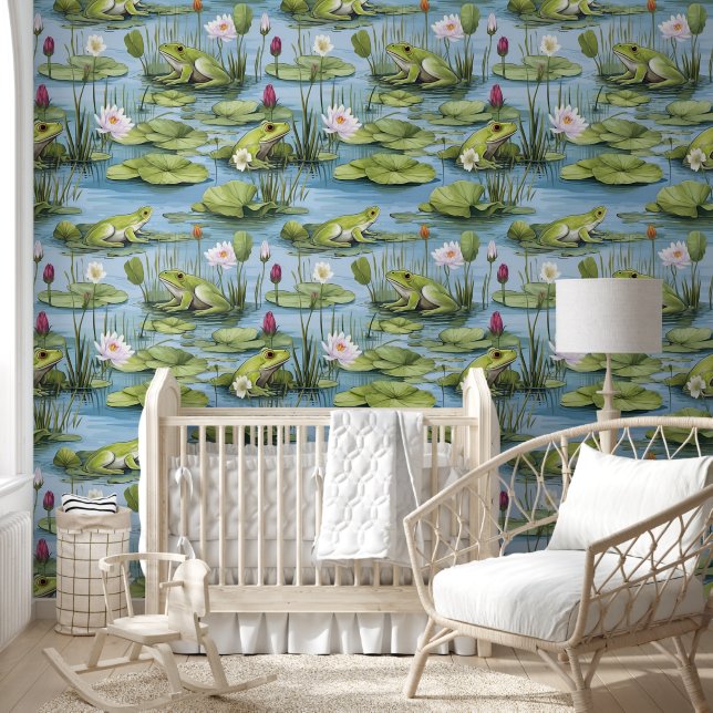 Fun Frogs in Water Lily Pond Peel And Stick Wallpaper (Kids)