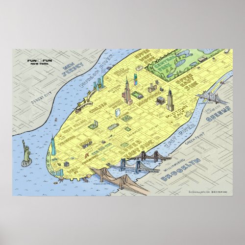 Fun Fun Map of New York City  Poster  Wall Print