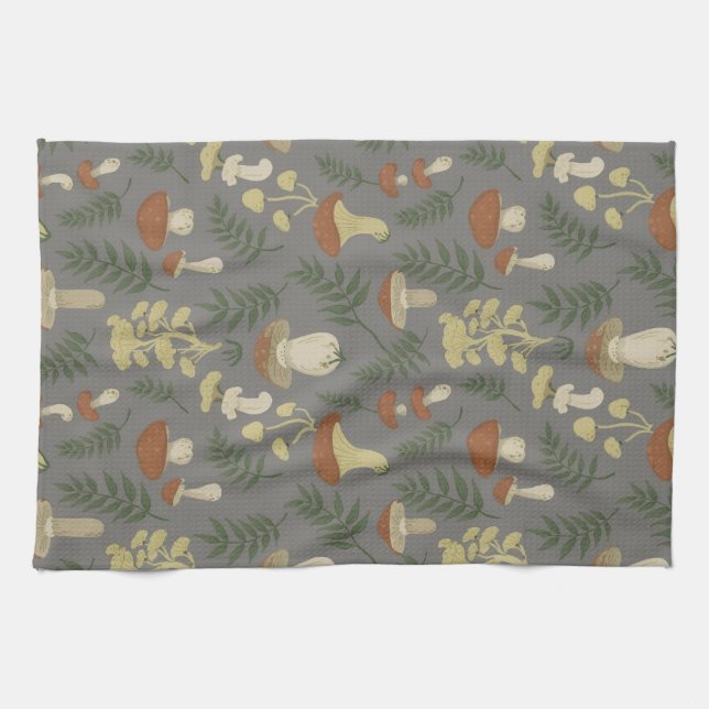 Fun Fungi Mushroom Fern Pattern Kitchen Towel (Horizontal)