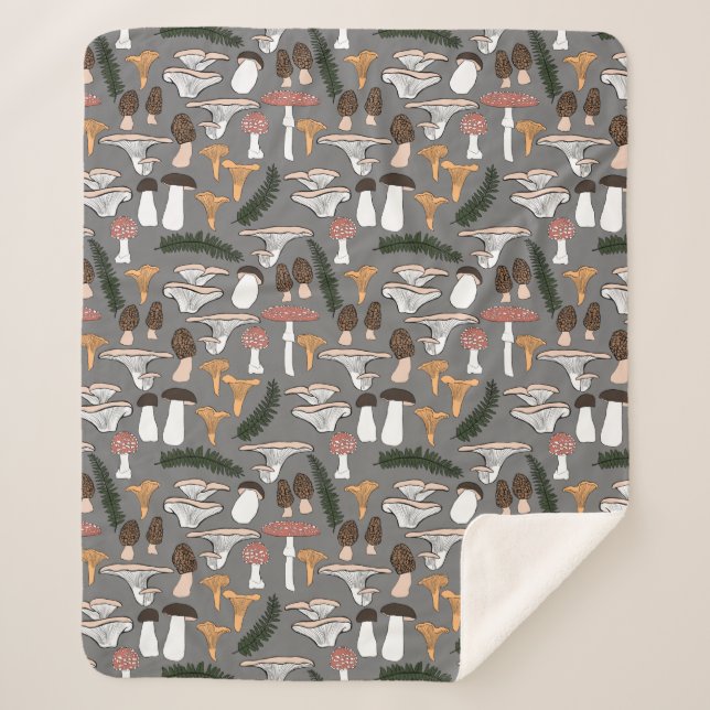 Fun Fungi Mushroom Fern Pattern  Sherpa Blanket (Front)
