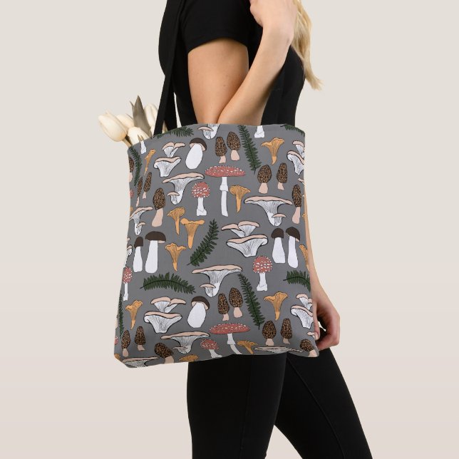 Fun Fungi Mushroom Fern Pattern Tote Bag (Close Up)
