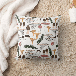 Fun Fungi Mushroom Ferns Pattern  Throw Pillow