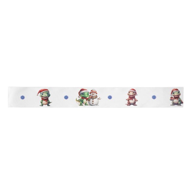 Fun & Funky Christmas Dinosaurs on White  Satin Ribbon (Front)