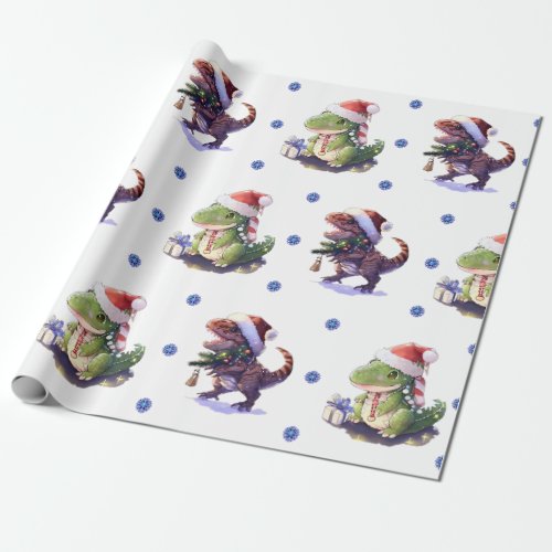 Fun  Funky Christmas Dinosaurs on White  Wrapping Paper