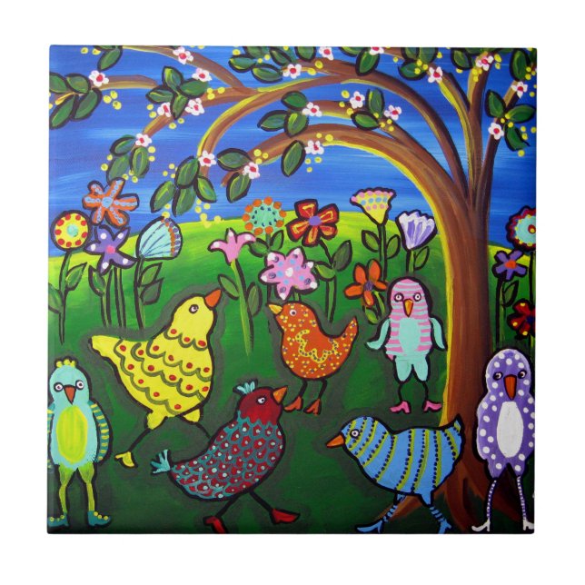 Fun Funky Colorful Birds Whimsical Folk Art Tile (Front)