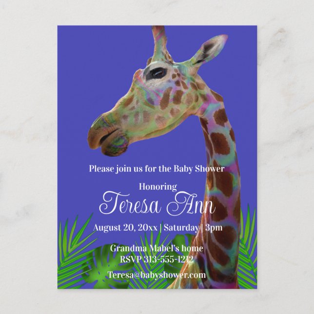 Fun funky colorful Giraffe baby shower Invitation Postcard (Front)