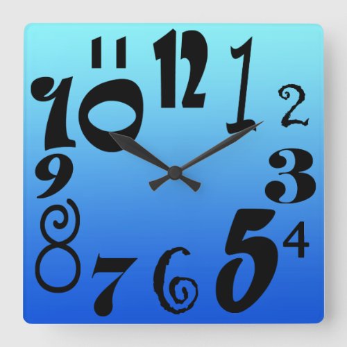 Fun funky numbers _ electric blue gradient square wall clock