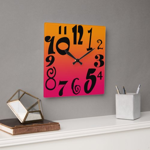 Fun funky numbers _ hot red to orange gradient square wall clock