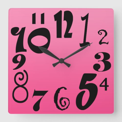 Fun funky numbers _ shocking pink gradient square wall clock