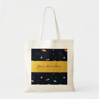 Fun Funky Retro Outer Space Rocket & Planets Tote Bag by suchicandi at Zazzle