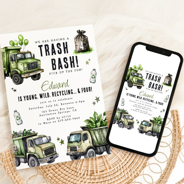 Fun Garbage Trucks | Recycle 4th Birthday Party Invitation (Creator Uploaded)