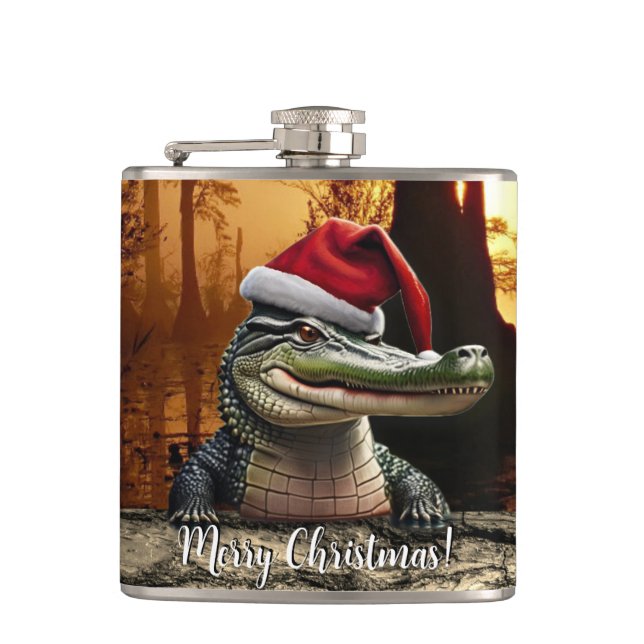 Fun Gator in a Santa Hat Flask (Front)