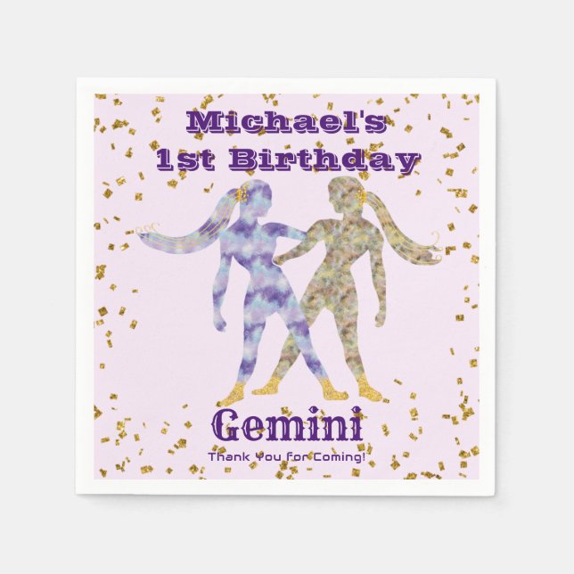 Fun Gemini First Birthday & Gold Confetti Napkins (Front)