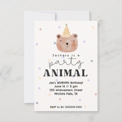 Fun Gender Neutral Cute Party Animal Bear Birthday Invitation