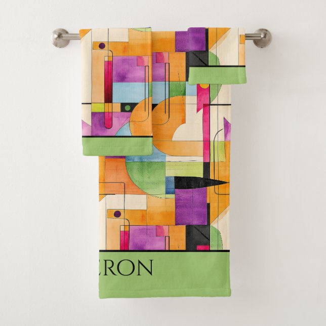 Fun Geometric Abstract in Orange, Green & Purple Bath Towel Set (Insitu)