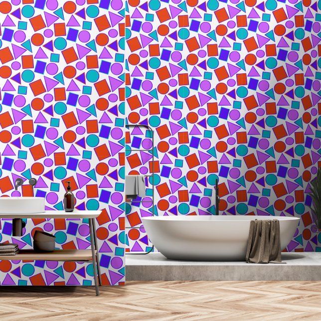 Fun Geometric colorful bright red pink purple blue Wallpaper (Bathroom)