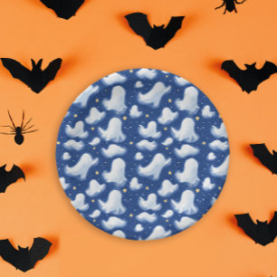 Fun Ghost Blue Halloween Night Sky Watercolor Paper Plates