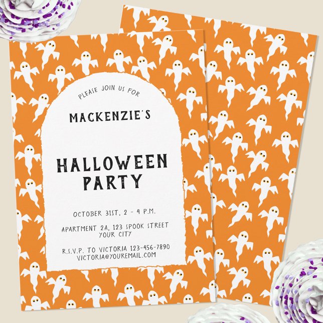 Fun Ghost Halloween Party Invitation (Fun orange ghost personalized Halloween party invitation)