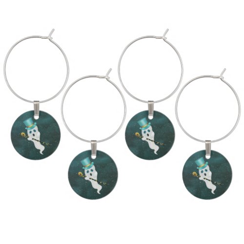 Fun Ghost in Top With Cane Floating in Night Sky Wine Charm