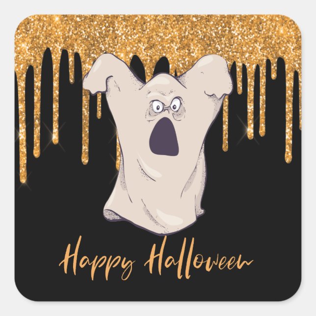 Fun Ghost Orange Glitter Halloween Square Sticker (Front)