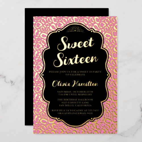 Fun Gilded Leopard Pink Sweet 16 Foil Invitation