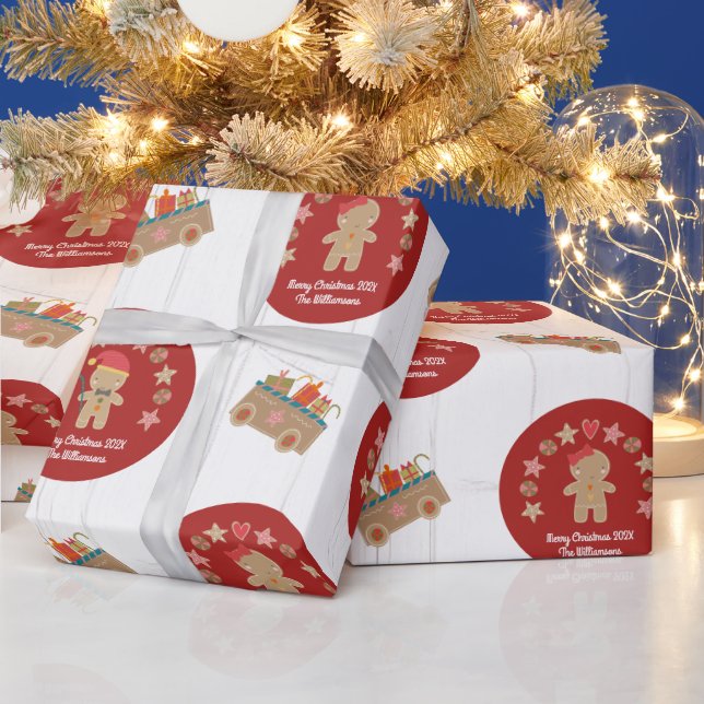 Fun Gingerbread Cookie Script Name Rustic Wood Red Wrapping Paper (Holidays)