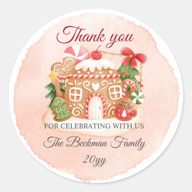 Fun Gingerbread House Holiday Party Thank You Classic Round Sticker (Front)