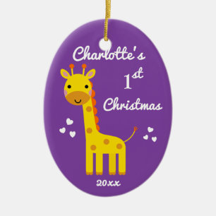 Fun Giraffe Baby's 1st First Christmas Gift Purple Ceramic Ornament