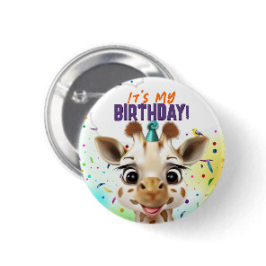 Fun Giraffe Colorful Confetti Birthday Button
