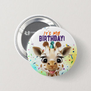 Fun Giraffe Colorful Confetti Birthday Button