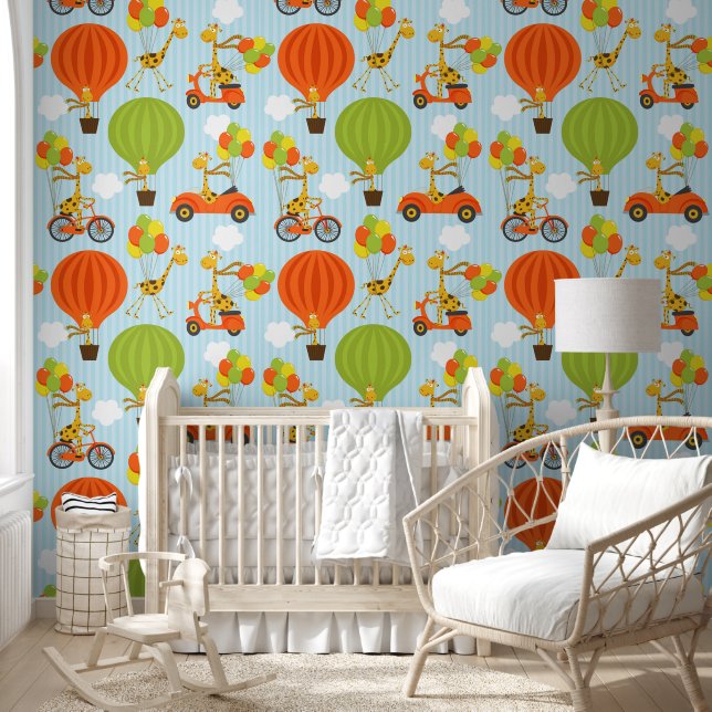 Fun Giraffe in Air Balloons Bikes and Cars Pattern Wallpaper (Kids)