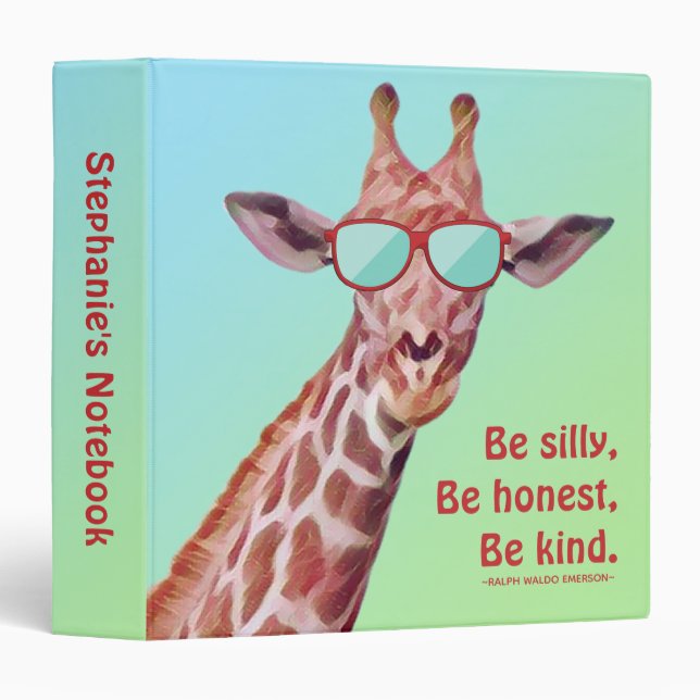 Fun Giraffe Inspirational Quote Emerson Be Silly  3 Ring Binder (Front/Spine)