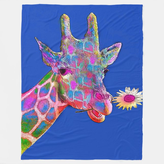 Fun Giraffe Pop Art with Flower Fleece Blanket (Front)