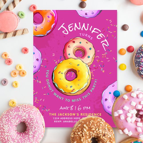Fun Girl 8th Pink Donut Colorful Sprinkles Party Invitation