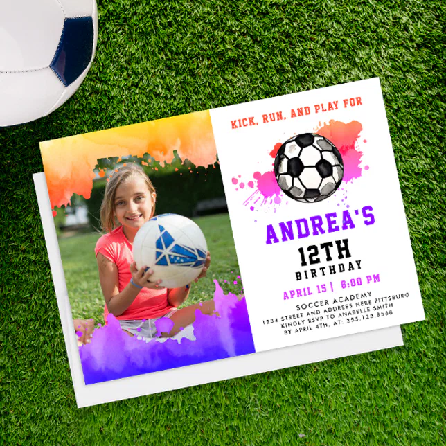 Fun Girl Colorful Pink Soccer Birthday Party Photo Invitation | Zazzle