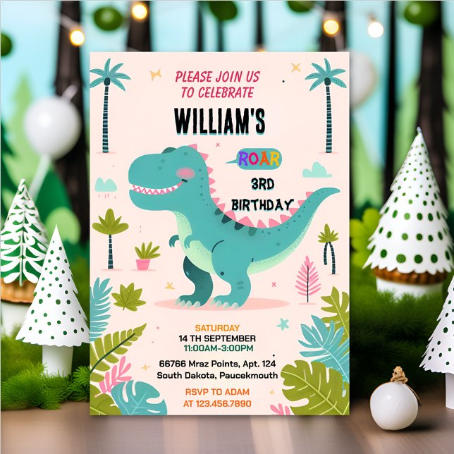 fun girl kids cute boys T three 3 rex 3rd birthday Invitation (Creator Uploaded)