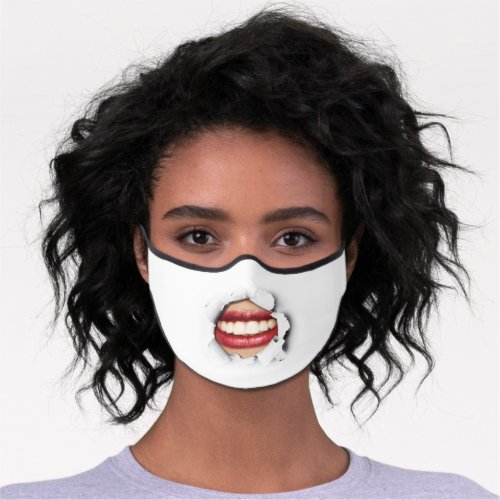 Fun girl open smile white teeth through fake tear premium face mask