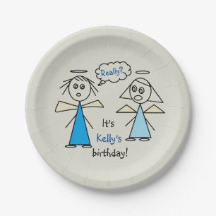 Fun Girl Stick Figure Angels Personalized Birthday Paper Plates