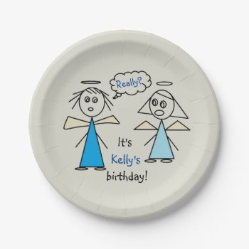 Fun Girl Stick Figure Angels Personalized Birthday Paper Plates by HappyGabby at Zazzle