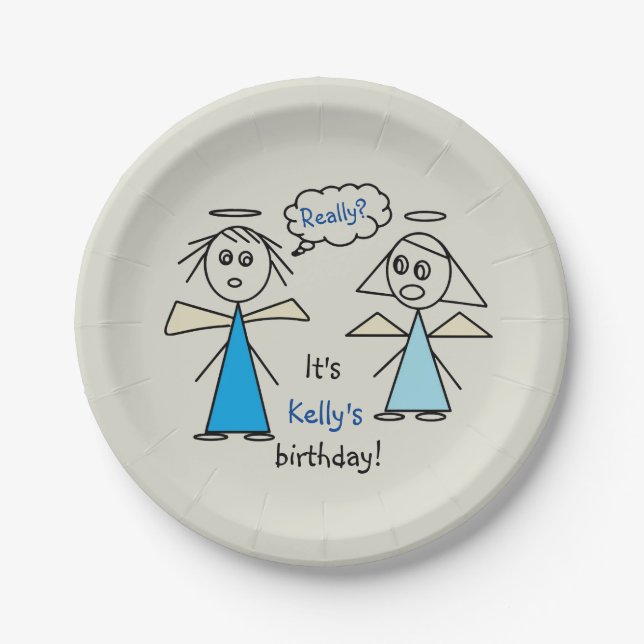 Fun Girl Stick Figure Angels Personalized Birthday Paper Plates (Front)
