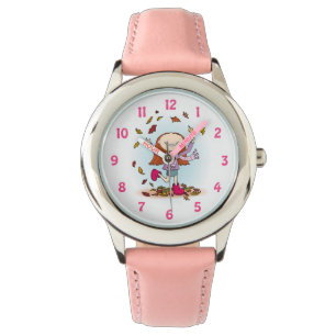 Fun girls autumn fall leaves pink wrist watch
