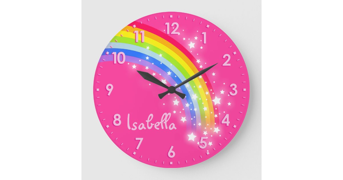 Fun girls kids rainbow name pink clock | Zazzle
