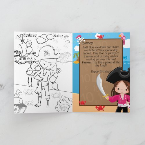 Fun Girls Pirate Captain Color Me Happy Birthday Card