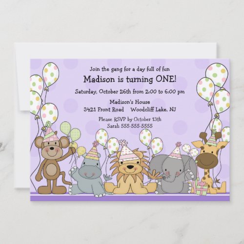 Fun Girls Safari Animals Birthday Invitation