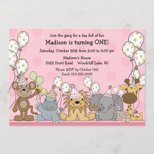 Fun Girls Safari Animals Birthday Invitation