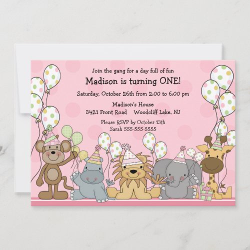 Fun Girls Safari Animals Birthday Invitation