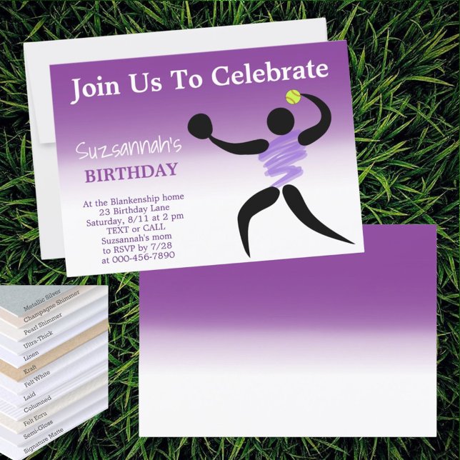 Fun Girls Softball Custom Birthday Party Invitation (front invitation template gradient purple back)