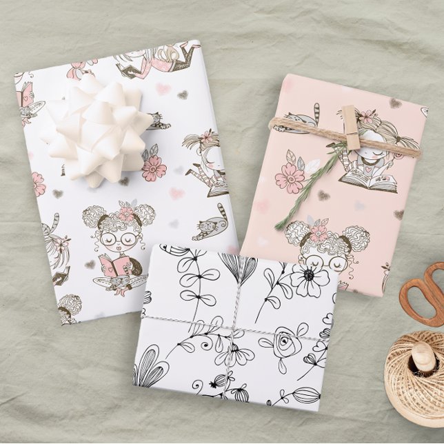 Fun Girly Books Pink Black Reading Floral  Wrapping Paper Sheets (Creator Uploaded)