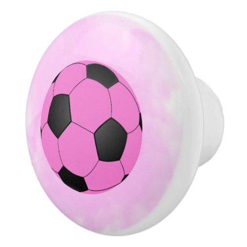 Fun Girly Bright Pink Black Soccer Ball Ceramic Knob